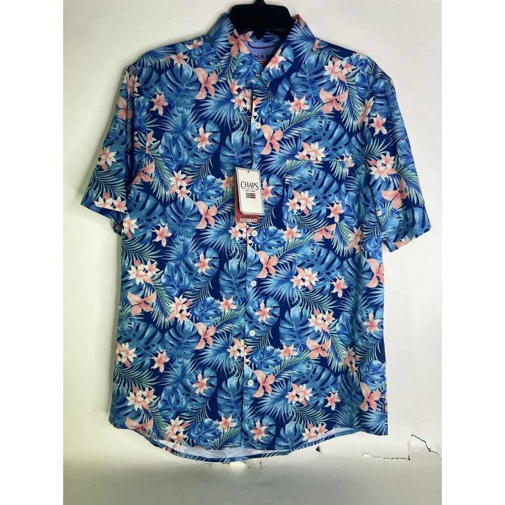 Chaps Performance Button Down Shirt Stretch Men's Size M Blue Floral Hawaiian